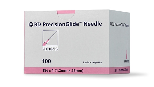 BD Needle, 18G x 1", Regular Bevel, Sterile, 100/bx, 10 bx/cs (Continental US Only) - 18G, 1"