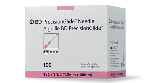 BD PRECISIONGLIDE™ Needle, 18G x 1½", Regular Bevel, Sterile, 100/bx, 10 bx/cs (Continental US Only) - 18G, 1½"