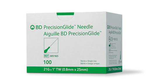 BD Needle, 21G x 1", Regular Bevel, Sterile, 100/bx, 10 bx/cs (Continental US Only) - 21G, 1"