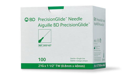 BD Needle, 21G x 1½", Regular Bevel, Sterile, 100/bx, 10 bx/cs (Continental US Only) - 21G, 1½"
