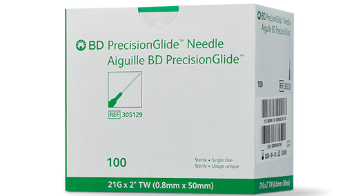 BD PRECISIONGLIDE™ Needle, 21G x 2", Regular Bevel, Sterile, 100/bx, 10 bx/cs (Continental US Only) - 21G, 2"