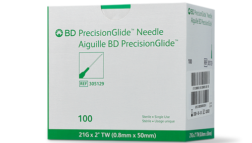 BD Needle, 21G x 2", Regular Bevel, Sterile, 100/bx, 10 bx/cs (Continental US Only) - 21G, 2"