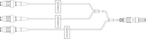 BD Minibore Tri-Fusion Extension Set, (3) MaxPlus Clear Needless Connectors, (3) Slide Clamps, Male Spin Lock, 7" Length, 1.5 mL PV, 50/cs (Continental US Only) - 7"