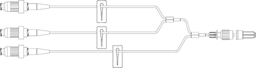 BD Minibore Tri-Fusion Extension Set, (3) MaxPlus Clear Needless Connectors, (3) Slide Clamps, Male Spin Lock, 7" Length, 1.5 mL PV, 50/cs (Continental US Only) - 7"