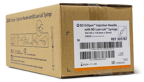 BD ECLIPSE™ Needle, 25G x 1", 3mL, Luer-Lok™ Syringe, Detachable Needle, 50/bx, 6 bx/cs (Continental US Only) - 25G, 1"