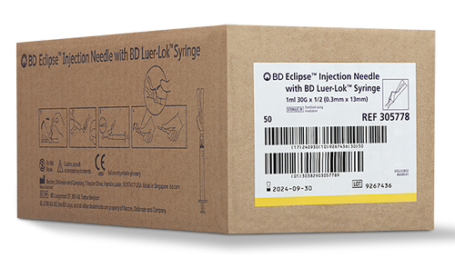 BD Needle, 30G x ½", 1mL, Luer-Lok™ Syringe, Detachable Needle, 50/bx, 6 bx/cs (Continental US Only) - 30G