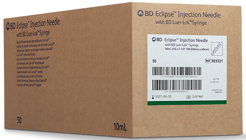 BD Syringe with Eclipse™ Needle, 10 ml, Luer Lock, 21G x 1.5", RB, Thin Wall, 50/pk, 6 pk/cs (Continental US Only) - 21G, 5"