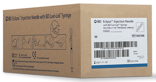 BD Syringe with Eclipse™ Needle, 3 ml, Luer Lock, 23G x 1.5", RB, Thin Wall, 50/pk, 6 pk/cs (Continental US Only) - 23G, 5"