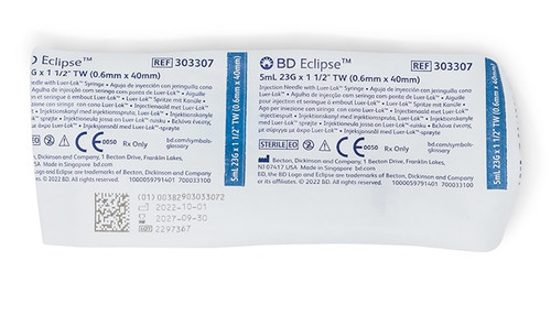BD Syringe with Eclipse™ Needle, 5 ml, Luer Lock, 23G x 1.5", RB, Thin Wall, 50/pk, 6 pk/cs (Continental US Only) - 23G, 5"