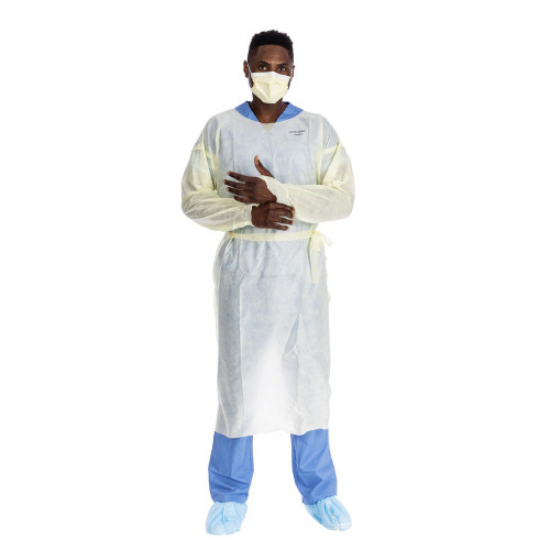 HALYARD BASICS OVER-THE-HEAD TRI-LAYER ISOLATION GOWN - BASIC Over-the-Head Isolation Gown, Tri-Layer AAMI2, Thumb Hooks w/ Elastic, Yellow, Universal, 100/cs (US Only)