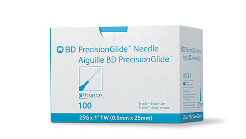 BD PRECISIONGLIDE™ Needle, 25G x 1", Regular Bevel, Sterile, 100/bx, 10 bx/cs (Continental US Only) - 25G, 1"