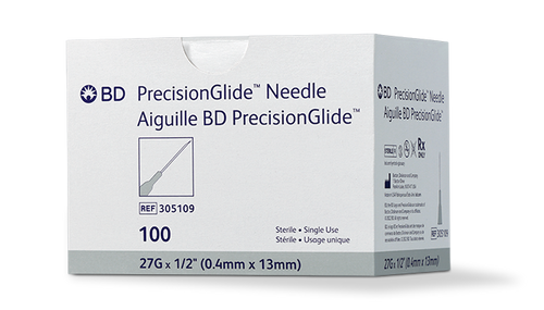 BD Needle, 27G x ½", Regular Bevel, Sterile, 100/bx, 10 bx/cs (Continental US Only) - 27G