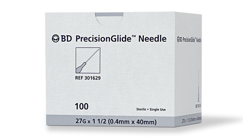 BD Needle, 27G x 1½", Regular Bevel, Sterile, 100/bx, 10 bx/cs (Continental US Only) - 27G, 1½"