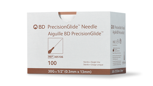 BD PRECISIONGLIDE™ Needle, 30G x ½", Regular Bevel, Sterile, 100/bx, 10 bx/cs (Continental US Only) - 30G