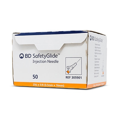 BD Needle, SubQ Hypodermic, 25G x 5/8" SafetyGlide™ Shielding, Sterile, Regular Wall Type & Regular Bevel, Blue Hub, 50/bx, 10 bx/cs (Continental US Only) - 25G, 5/8"