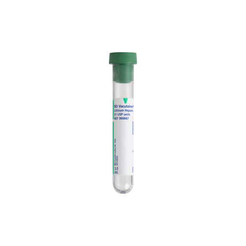BD Plastic Tube, Conventional Stopper, 13mm x 75mm, 3.0mL, Green, Paper Label, Lithium Heparin (bxray coated) 51 Ubx Units, 100/bx (Temp Sensitive; Non-Returnable) (Continental US Only) - Green