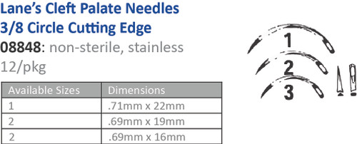 CINCINNATI SUTURE NEEDLES - NON-STERILE Suture Needle, Size 2, Lanes Cleft Palate, 3/8 Circle Cutting Edge, 12/pk (Vendor MOQ 10 DZ) ()<img align="middle" src="/images/MOQ.png" border="0" title="MOQ"/