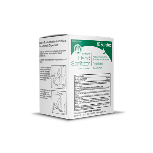 SAFETEC MANUAL & AUTOMATIC HAND SANITIZER DISPENSERS Manual Dispenser Refill, Bag-in-Box, 800mL, Fresh Scent, 12/cs (HAZMAT Fees Apply, cannot ship via Air or to AK, GU, HI, MP, PR, VI) (Not Available for Sale into Canada)