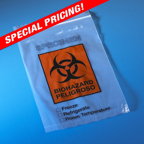 GLOBE SCIENTIFIC SPECIMEN TRANSPORT BAGS Specimen Transfer Bag, No Score Line, Zip Closure, 6" x 9", 1000/cs