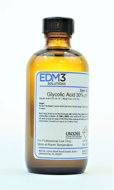 EDM3 STAINS AND REAGENTS Glycolic Acid, 30%, 4 oz (Item is Non-Returnable) (US Only) (HAZMAT Fees Apply, cannot ship via Air or to AK, GU, HI, MP, PR, VI)