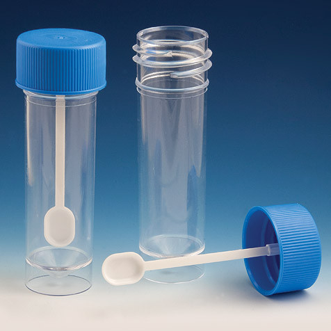 GLOBE SCIENTIFIC FECAL COLLECTION CONTAINERS Fecal Collection Container, 30 mL, PS, w/ Spoon and Screwcap, 500/cs