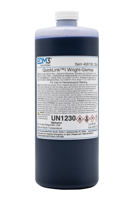 EDM3 STAINS AND REAGENTS Quicklink I, Wright's Giemsa, 32 oz (Item is Non-Returnable) (US Only) (HAZMAT Fees Apply, cannot ship via Air or to AK, GU, HI, MP, PR, VI)
