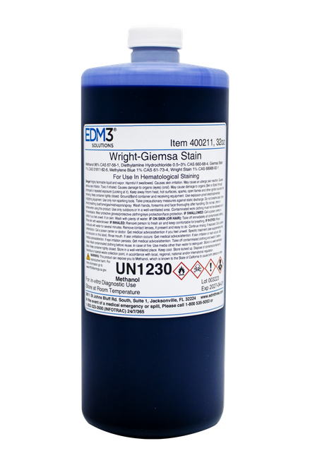 EDM3 STAINS AND REAGENTS Wright Giemsa Stain, 32 oz (Item is Non-Returnable) (US Only) (HAZMAT Fees Apply, cannot ship via Air or to AK, GU, HI, MP, PR, VI)