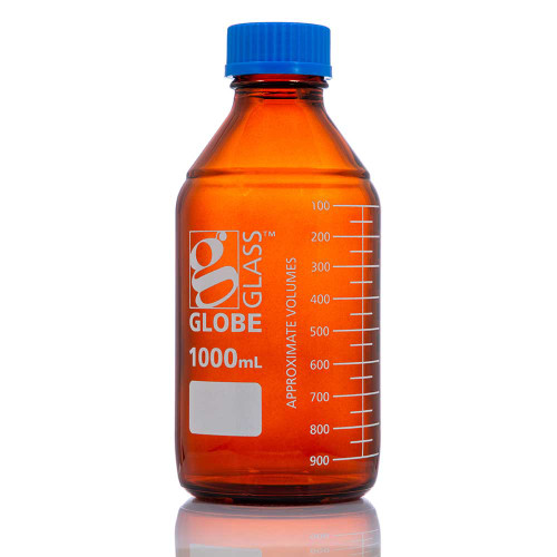 GLOBE SCIENTIFIC GLASS BOTTLE Bottle, Amber Media, Globe Glass, 1000mL, GL45 Screw Cap, Dual Graduations, 10/bx