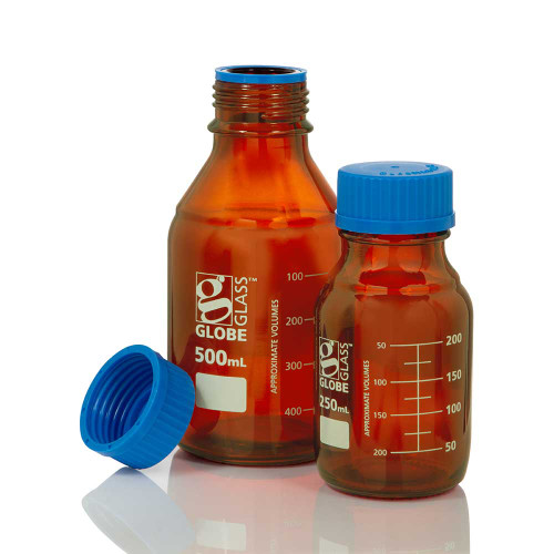 GLOBE SCIENTIFIC GLASS BOTTLE Bottle, Amber Media, Globe Glass, 250mL, GL45 Screw Cap, Dual Graduations, 10/bx