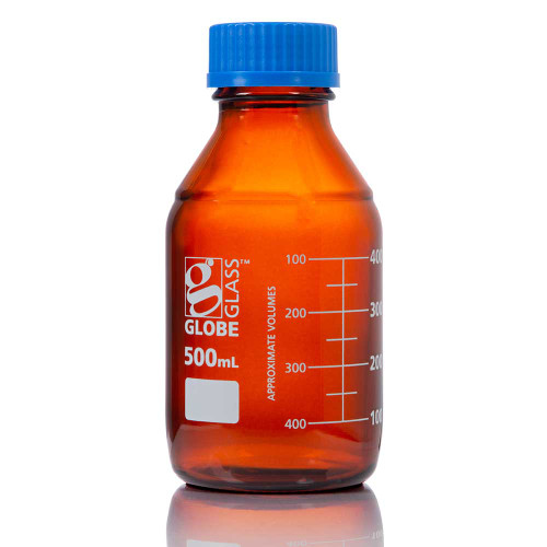 GLOBE SCIENTIFIC GLASS BOTTLE Bottle, AmberMedia, Globe Glass, 500mL, GL45 Screw Cap, Dual Graduations, 10/bx