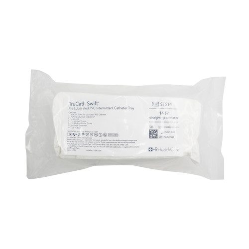 HR® TRUCATH SWIFT® PRE-LUBRICATED INTERMITTENT CATHETER Catheter Tray, TruCath Swift® Pre-Lubricated PVC Intermittent, 14 Fr, (3) PVP Pre-saturated Swabsticks, Underpad, Fenestrated Drape, (1 Pr) Medium Nitrile Gloves, Specimen Container, 1100 ml Bas