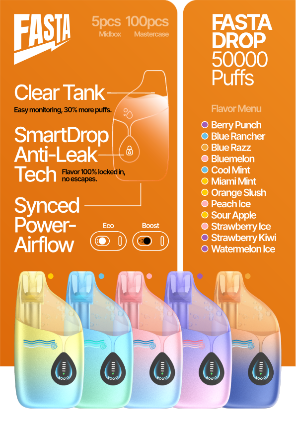 FASTA DROP 50K PUFF - 5% DISPOSABLE CLEAR TANK - 5PC FASTA DROP 50K PUFF - 5% DISPOSABLE CLEAR TANK - 5PC