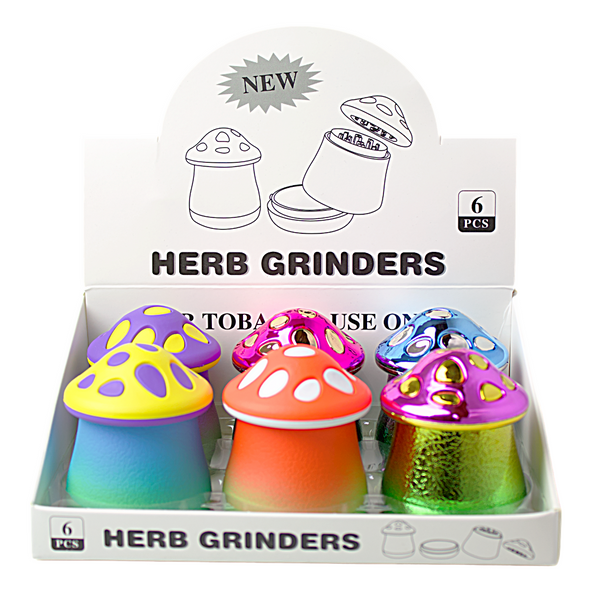 38MM - MUSHROOM ASSORTED COLORS 4-PIECE GRINDER - 6PC DISPLAY