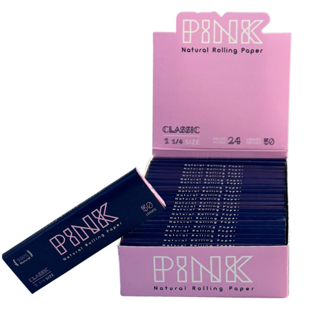 PINK - NATURAL ROLLING PAPER - 1 1/4 - 24 PACK - 50 LEAVES PER PACK | DISPLAY BOX