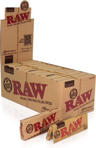 RAW Masterpiece 1 1/4 Classic Rolling Paper with Re-Usable Pre-Rolled Tips | 24 Packs