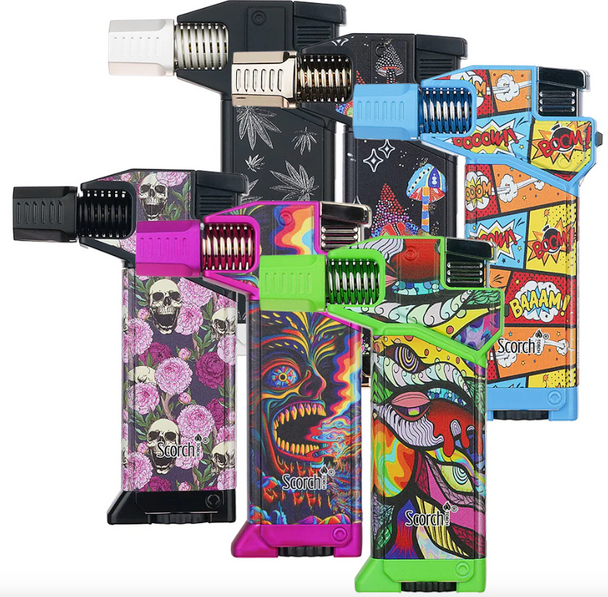SCORCH TORCH - 90 DEGREE SINGLE FLAME TORCH ASSORTED DESIGNS - 6PC DISPLAY [61831]