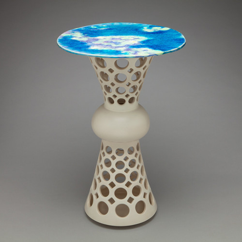 Segmented Hourglass Openwork Table with Sue Barry Hand Painted Top (Lavender / Turquoise)