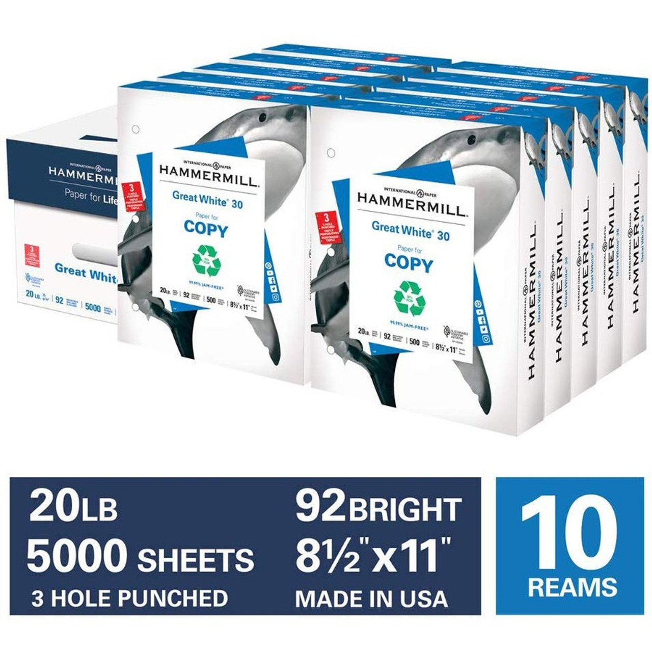 Hammermill Printer Paper, 20lb Great White 30% Recycled Paper, 8.5x11, 10  Reams 