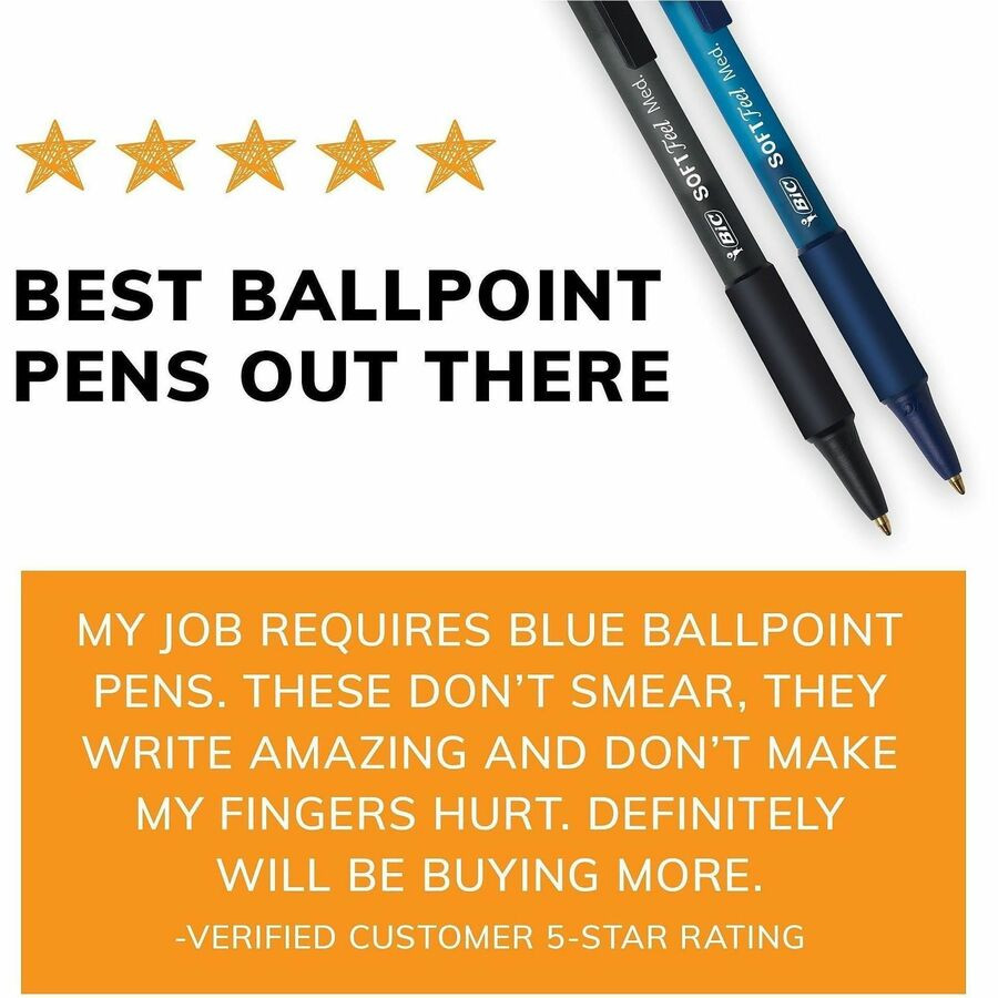 BIC Soft Feel Ballpoint Pens - Medium 1.0mm Point, Black Ink, Box Of 12, Rubberized Barrel