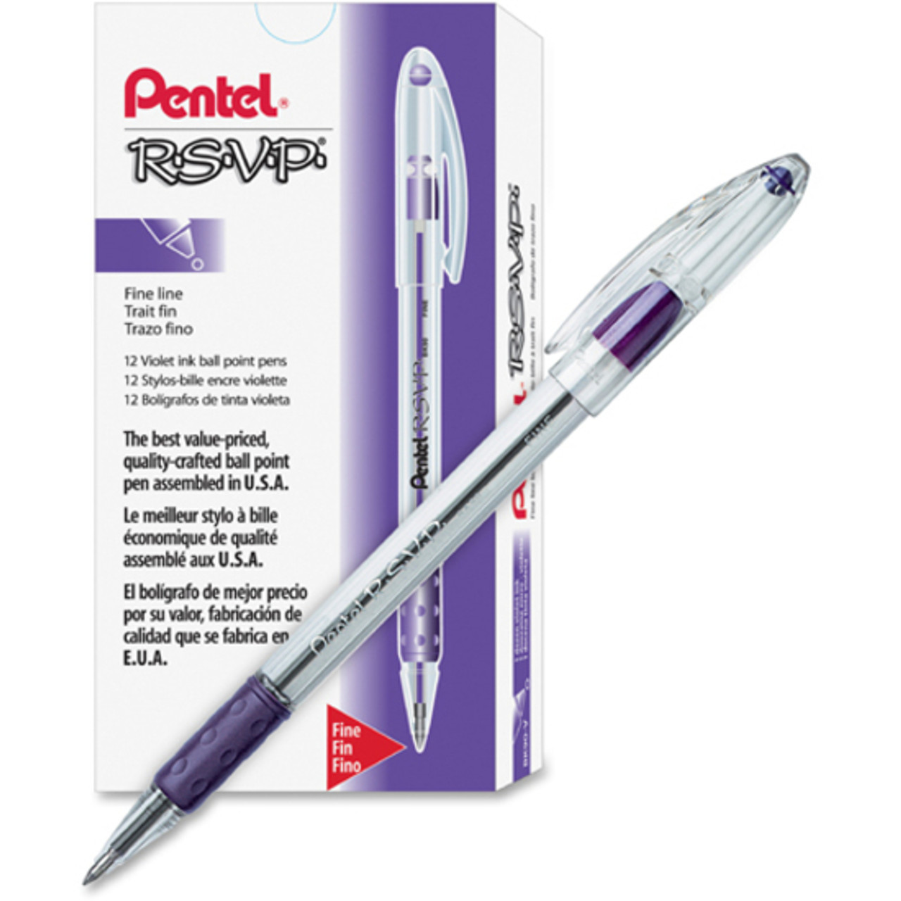 Pentel RSVP Stick Pen - Fine Pen Point Type - Violet Ink - Clear Barrel (bk90v)
