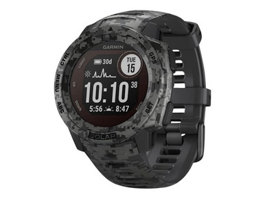 Garmin Instinct Solar Sportsman Edition Graphite Camo + USB Car/Wall Adapter + Watch Charging Stand + Wireless Bluetooth Headphones + White Towel (Advanced Bundle) (010-02293-15)