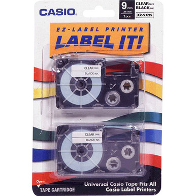 Tape Cassettes for KL Label Makers, 9mm x 26ft, Black on Clear, 2/Pack