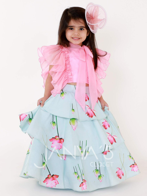 Printed Satin Layered Skirt With Organza Top And Hair Accessory