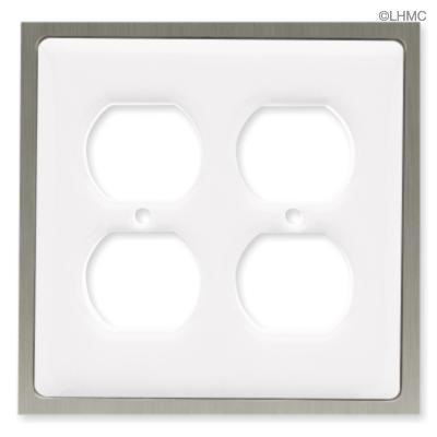 Double Duplex Outlet Wall Plate White Ceramic with Chrome
