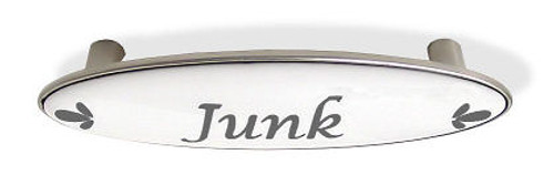 "Junk" Drawer Pull - Designer's Blue-Gray Script on White -Satin Nickel