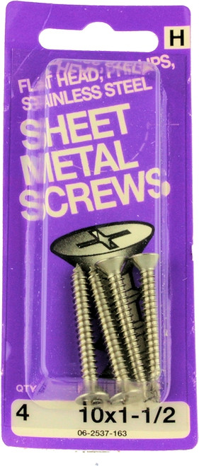 #10 x 1-1/2" Flat Head Sheet Metal Screws - 4 Pack H-06-2537-163