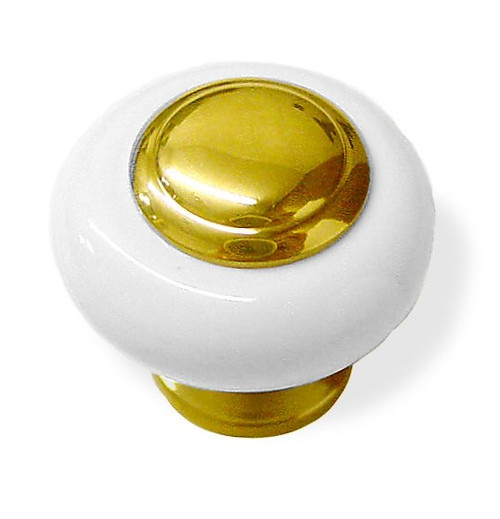 Polished Brass and White Porcelain Knob