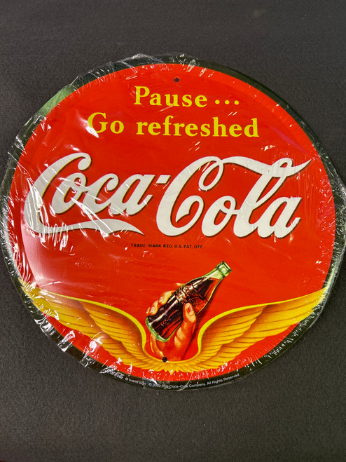 Coca Cola Advertising Tin - Round - "Pause...Go refreshed"