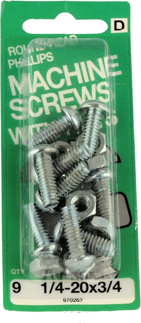 (12 Pack) 1/4- 20x3/4" Round Head Machine Screws with Nuts - 9 Pack