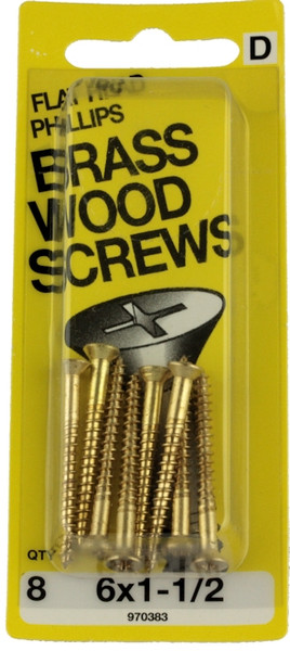 #6 x 1-1/2" Flat Head Brass Wood Screws - 8 Pack H-970383
